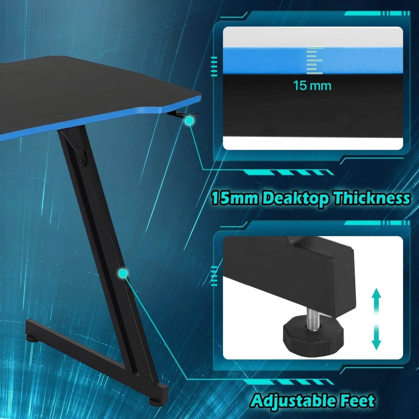47 Inch Z-Shaped Gaming Desk, PC Computer Table Home Office Desk Ergonomic Gamer Workstation with Headphone Hook, Blue