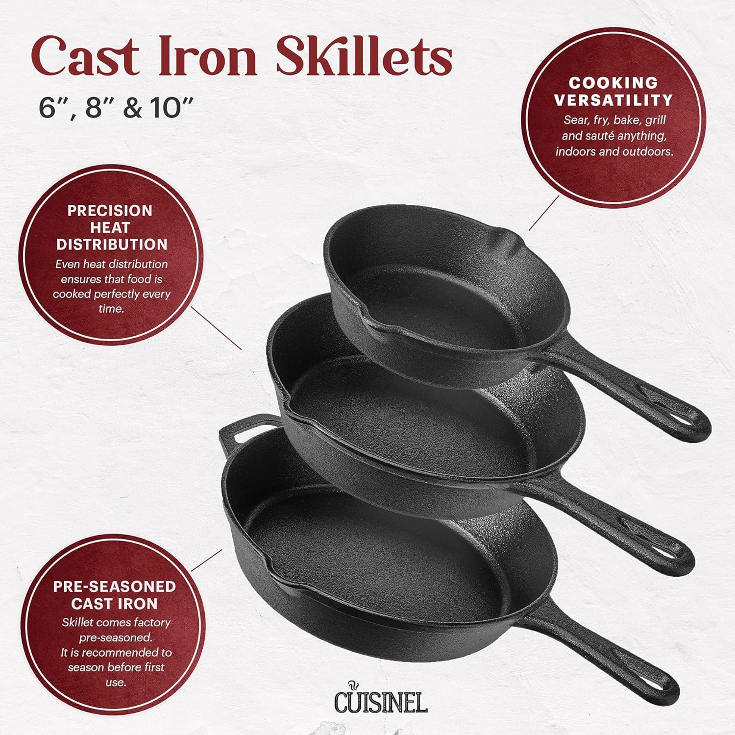 Cast Iron Skillet Set - 6"+8"+10"-Inch + Glass Lids + Silicone Handle Holder Covers - Pre-Seasoned Frying Pan - Oven Safe Cookware - Indoor/Outdoor Use - Grill, BBQ, Stovetop, Induction Safe