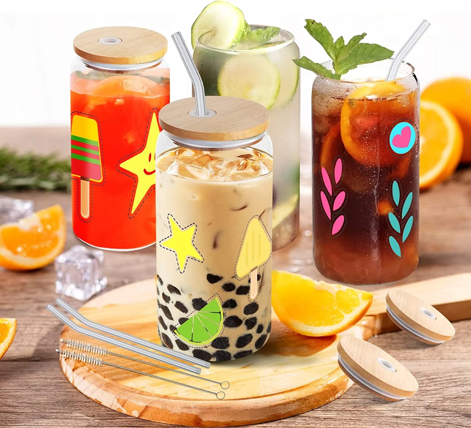 4-Pack 16 Oz Glass Cups with Bamboo Lids and Glass Straws, Can-Shaped Drinking Glasses for Whiskey, Soda, Tea, Water, Gift Set