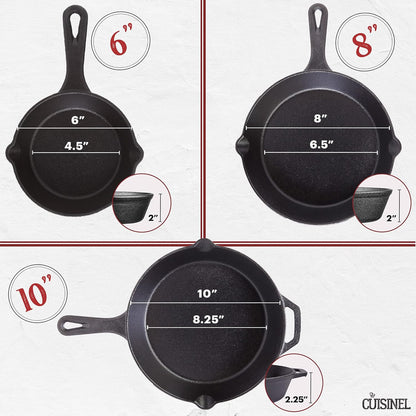 Cast Iron Skillet Set - 6"+8"+10"-Inch + Glass Lids + Silicone Handle Holder Covers - Pre-Seasoned Frying Pan - Oven Safe Cookware - Indoor/Outdoor Use - Grill, BBQ, Stovetop, Induction Safe