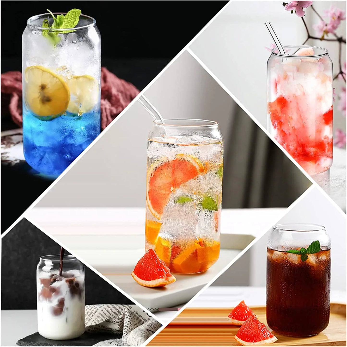 4-Pack 16 Oz Glass Cups with Bamboo Lids and Glass Straws, Can-Shaped Drinking Glasses for Whiskey, Soda, Tea, Water, Gift Set